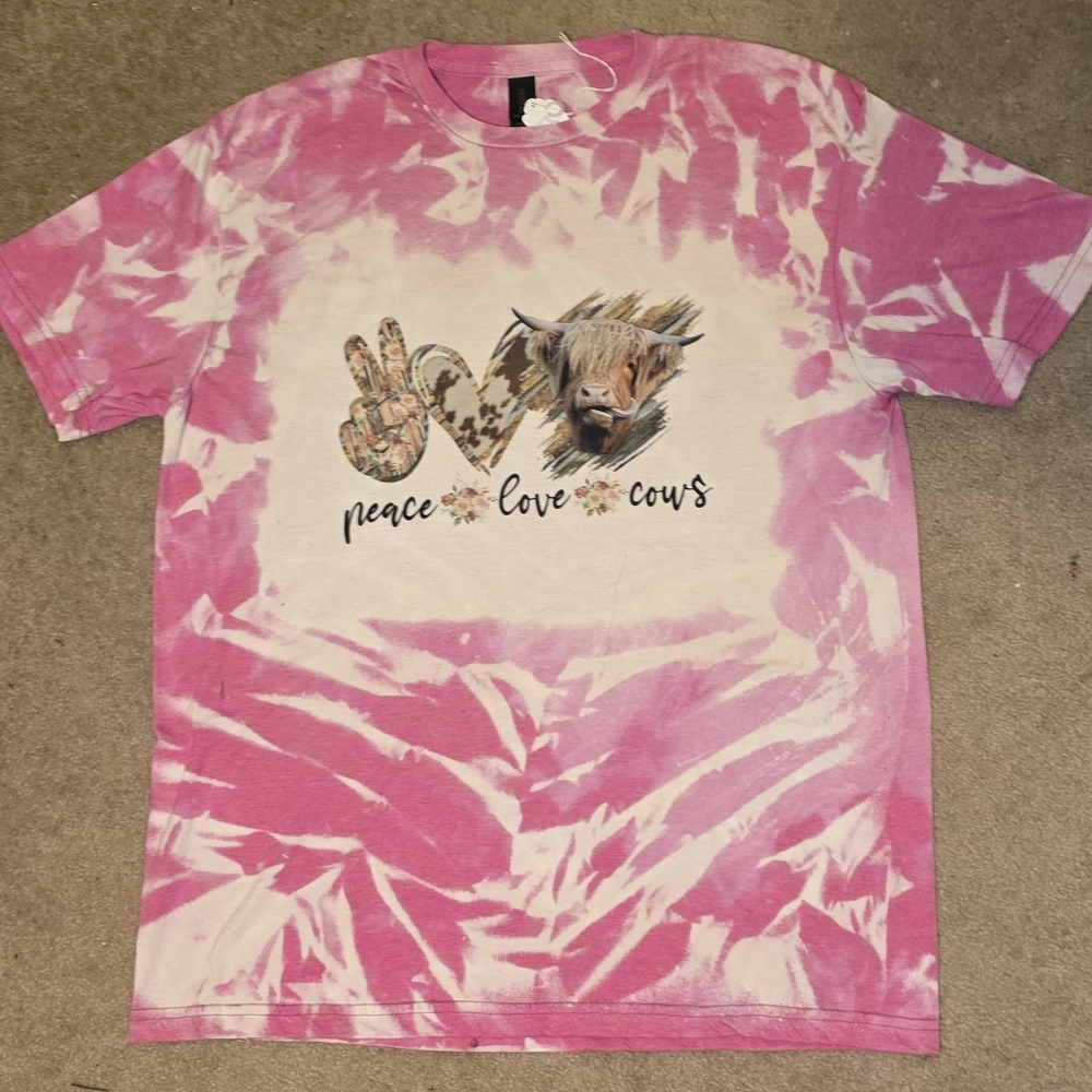 Gildan Pink Tie-Dye Peace Love Cows Homemade T-Shirt LARGE
